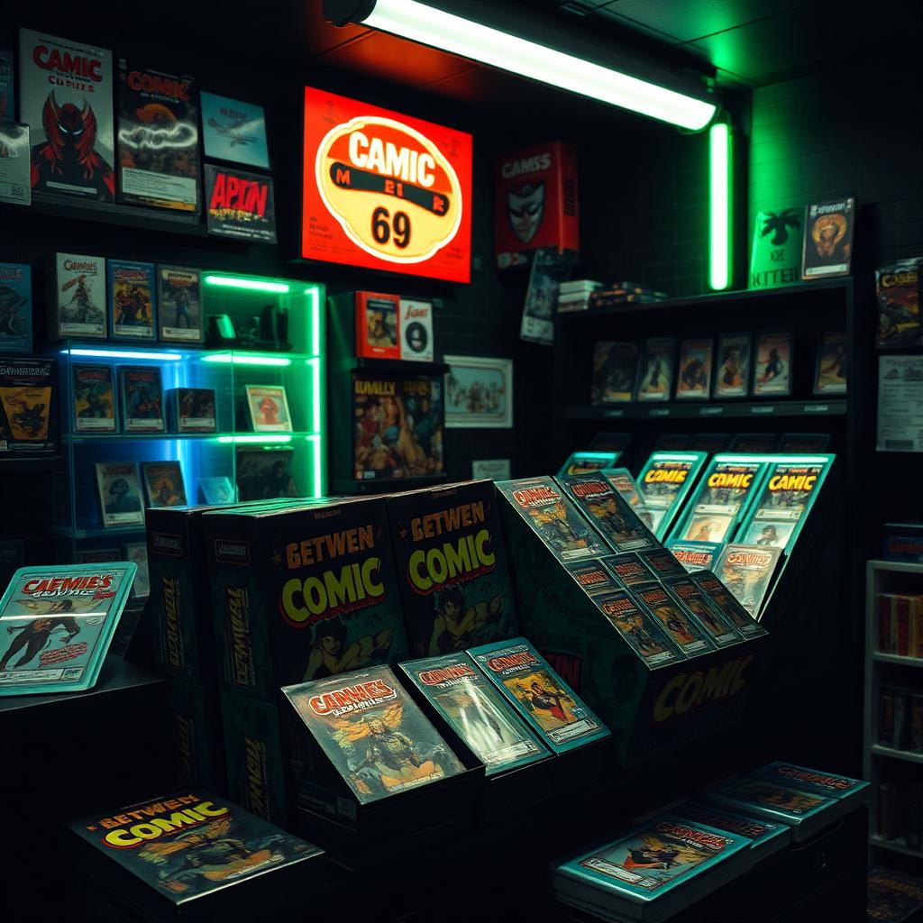 Comic books and trading cards on display