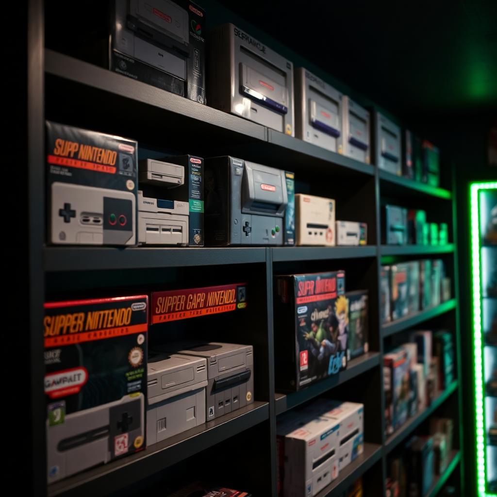Shelves of boxed classic consoles in the store